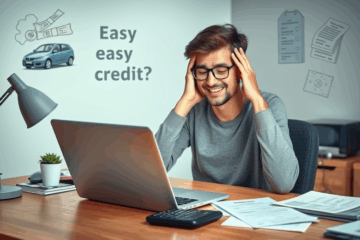 A person calculating finances with a laptop and paperwork, representing easy credit solutions for unexpected expenses.