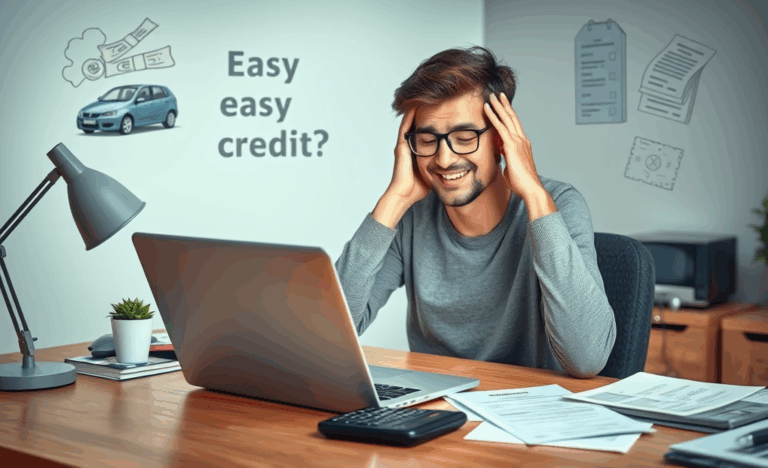 A person calculating finances with a laptop and paperwork, representing easy credit solutions for unexpected expenses.