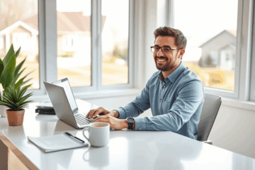 A person researching online loan options to refinance properties on their laptop.