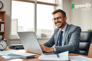 A person with a laptop applying for a Speedy Cash personal loan.