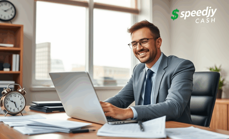 A person with a laptop applying for a Speedy Cash personal loan.