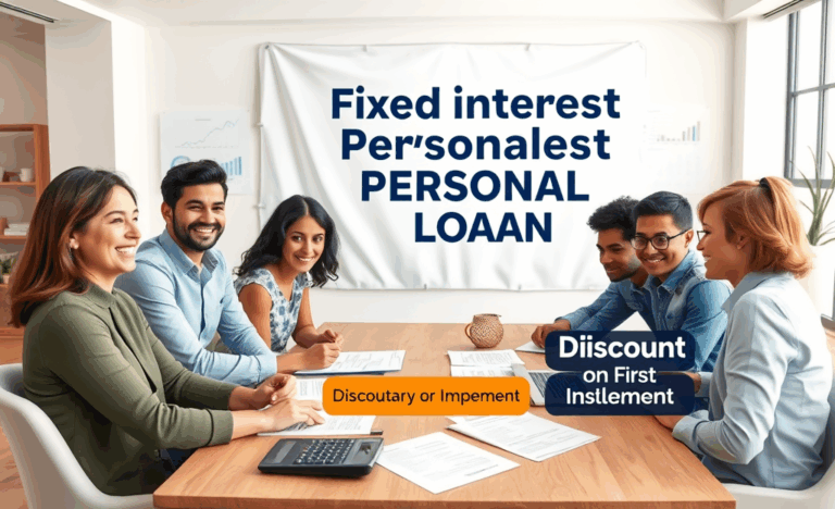 A personal loan brochure highlighting fixed interest rates and discounts on the first installment.