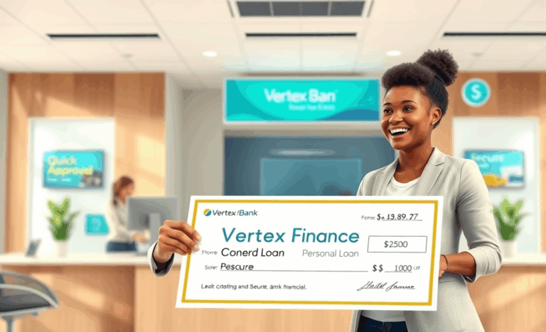 A visual representation of Vertex Finance Personal Loan showcasing quick approval and secure deposit features.