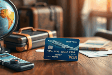 A person holding a credit card with travel images in the background, symbolizing rewards and travel benefits.