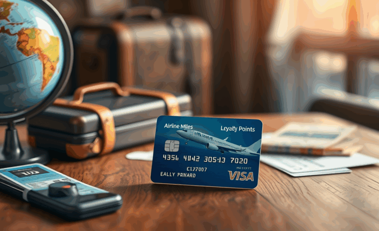 A person holding a credit card with travel images in the background, symbolizing rewards and travel benefits.