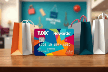 A TJX Rewards credit card displayed with shopping bags from Marshalls, TJ Maxx, and HomeGoods.