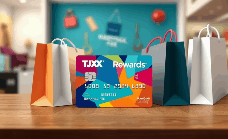 A TJX Rewards credit card displayed with shopping bags from Marshalls, TJ Maxx, and HomeGoods.