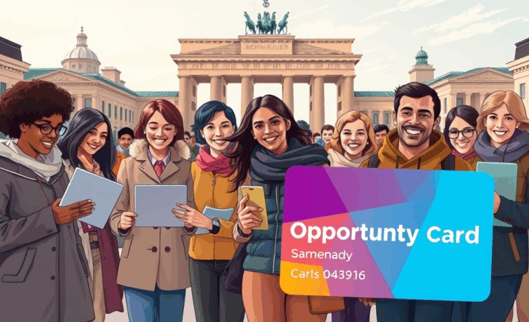 A diverse group of immigrants exploring opportunities with the Opportunity Card.