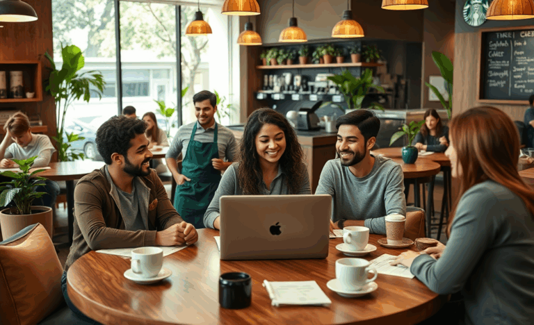 A barista preparing coffee at Starbucks, showcasing a welcoming environment and teamwork.