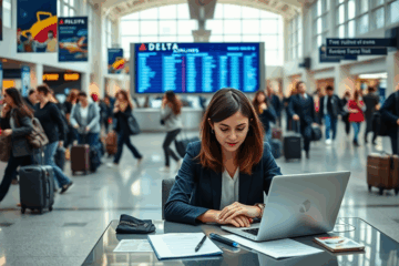 A businessman submitting a job application at Delta Airlines.