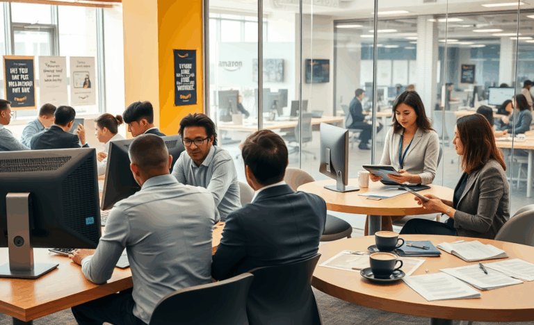 An illustration depicting the steps of the hiring process at Amazon.