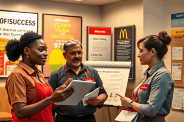Image depicting professional growth at McDonald's with employees engaged in training and teamwork.