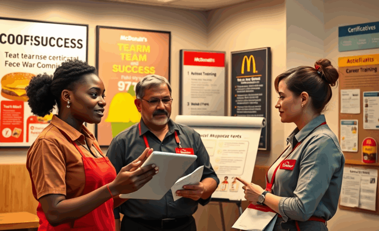Image depicting professional growth at McDonald's with employees engaged in training and teamwork.