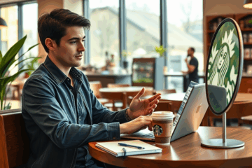 A candidate practicing interview techniques for a job at Starbucks, focusing on customer interaction and professionalism.