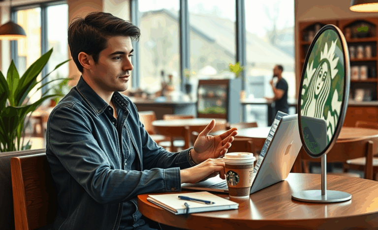 A candidate practicing interview techniques for a job at Starbucks, focusing on customer interaction and professionalism.