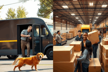 A UPS employee sorting packages in a warehouse.