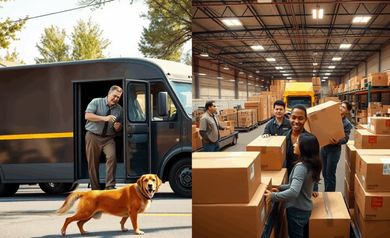 A UPS employee sorting packages in a warehouse.