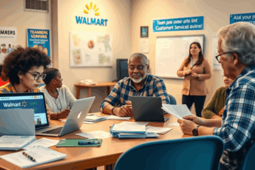 An image showcasing a person applying for a job at Walmart with a laptop and resume.