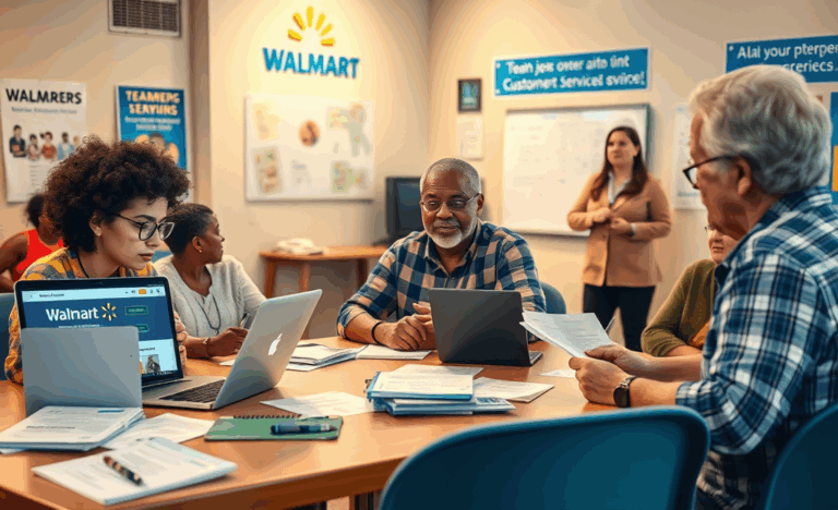 An image showcasing a person applying for a job at Walmart with a laptop and resume.