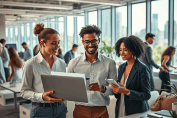An inspiring image of a diverse group of professionals collaborating at Apple, representing teamwork, innovation, and career growth.
