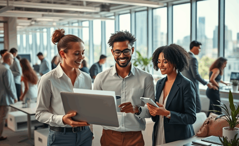 An inspiring image of a diverse group of professionals collaborating at Apple, representing teamwork, innovation, and career growth.